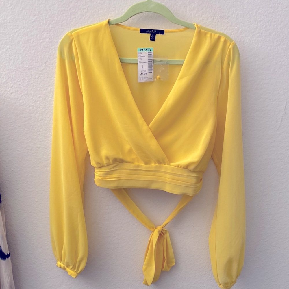 Yellow crop top, V neck. Size large. Brand is Papaya. Fits true to size.